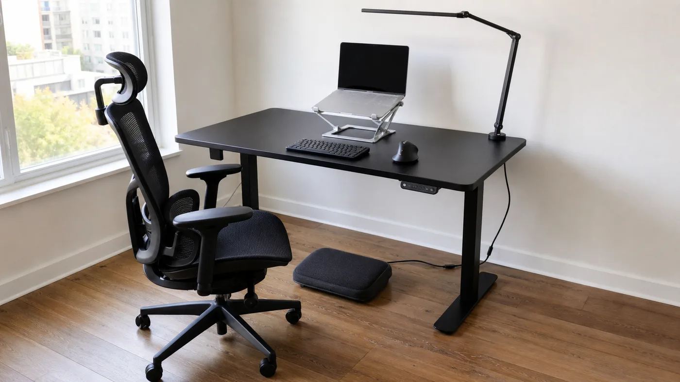 Ergonomic home office workspace with an adjustable chair and supported work surface